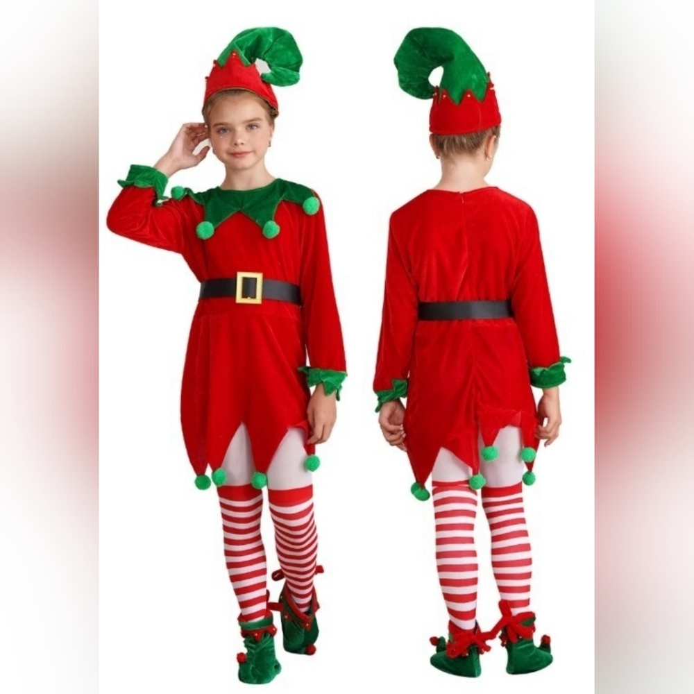Festive Green and Red Elf Costume for Kids Sz: 120cm = 5T NWOT